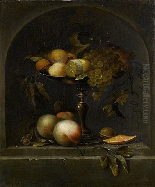 Peaches, Grapes And A Lemon In A Silver Gilt Tazza With Peaches, Walnuts And An Orange In A Stone Niche - view 1