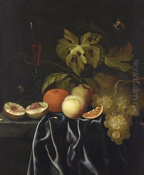 A Still Life Of Peaches, An Orange, Grapes And A Venetian Glass Of Red Wine On A Ledge With A Butterfly, A Wasp And A Caterpillar - view 1
