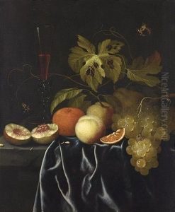 A Still Life Of Peaches, An Orange, Grapes And A Venetian Glass Of Red Wine On A Ledge With A Butterfly, A Wasp And A Caterpillar