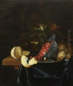 Stillleben Mit Erdbeeren In Einer Porzellanschale, Geschalter Zitrone Und Trauben. Auf Dem Weinlaub Ein Schmetterling, Im Hintergrund Eine Wespe by Johannes Borman