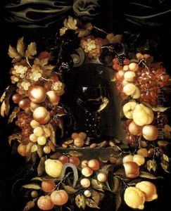 A Roemer With Walnuts And Almonds In A Niche Surrounded By A Garland Of Lemons, Peaches, Apricots, Oranges, Cherries And Grapes With A Red Admiral, Wasps And Ladybirds And A Canopy Above by Johannes Borman