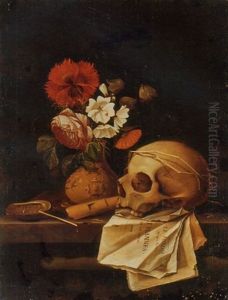 A Vanitas Still Life With A Skull, Flowers In A Vase, An Haliotis, A Flute And Pages From Le Miroir Des Plus Belles Courtisannes De Ce Temps by Johannes Borman