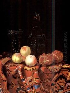 Peaches, Pomegranates, A Venetian Glass And A Glass Vessel With A Butterfly Nearby, On A Carpeted Table by Johannes Borman