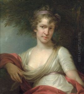 Bildnis Einer Jungen Frau Im Weisen Empirekleid Mit Rotem Schal, In Den Haaren Ein Rosa Haarband