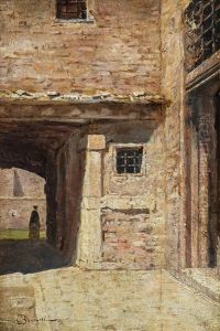 Interno Di Cortile Con Figura Sullo Sfondo by Odoardo Borrani