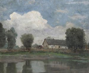 Hongaars Landschap Met Boerderij Aan Het Water by Janos Laszlo Aldor