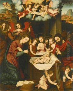 The Nativity With Angels Playing Music by Nicolas Borras