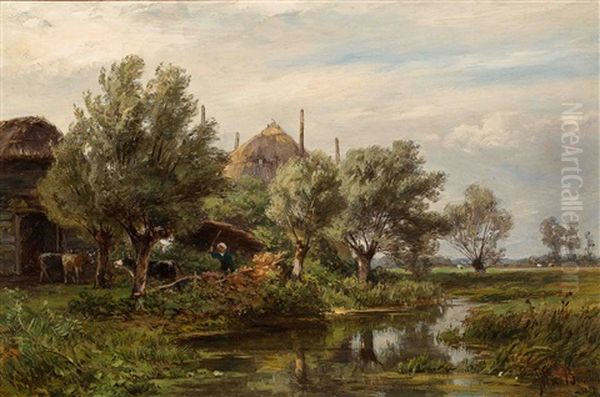 Dutch Polder Landscape With Pollard Willows And Farmer With Cows By The Waterside by Jan Willem Van Borselen