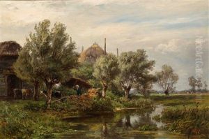 Dutch Polder Landscape With Pollard Willows And Farmer With Cows By The Waterside