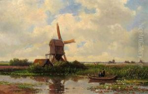 Anglers In A Boat Near A Windmill by Jan Willem Van Borselen