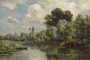 A River Landscape With A Boathouse