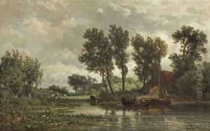 A Polder Landscape With A Vessel Near A Farm by Jan Willem Van Borselen