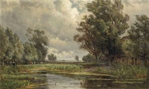 A Farmer And Cattle By A Pond by Jan Willem Van Borselen