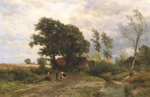 Farmers On A Path Near A Village by Jan Willem Van Borselen