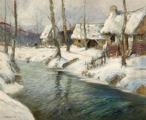A Village By A River In Winter by George Ames Aldrich