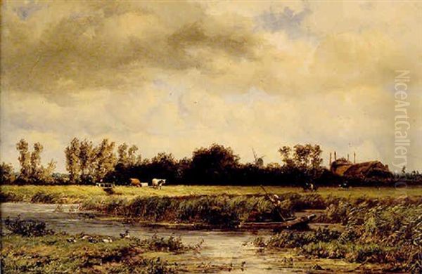 Punt On A River With Cattle And Houses Beyond - view 1