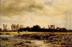 Punt On A River With Cattle And Houses Beyond by Jan Willem Van Borselen