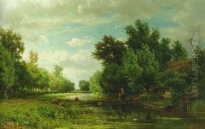 Geldersch Landschap: Young Anglers On A Riverbank With A Cottage Nearby