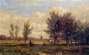 A Peasantwoman And Child On A Sandy Path Along A Meadow by Jan Willem Van Borselen