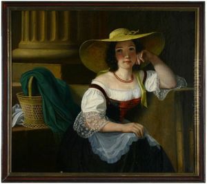 Sitzende Dame Mit Sonnenhut Vor Kanneliertem Saulenschaft