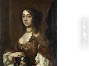 Portrait Of A Lady, Half-length, In A Gold Dress And Pearl Necklace, Seated With A Spaniel In Her Lap by Pieter Borsseler