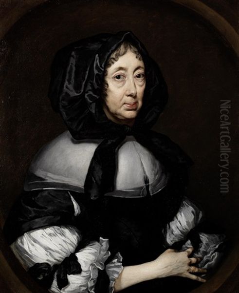 Portrait Of Catherine, Lady Hoby Of Bisham Abbey, Half-length, In A Black And White Dress And A Black Silk Bonnet, Within A Painted Oval - view 1