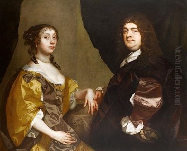 Portrait Of A Gentleman And His Wife He Wearing A Brown Tunic And Cloak And She Wearing A Yellow Satin Dress - view 1