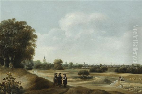 An Extensive Wooded Landscape With Figures On A Path In The Foreground - view 1