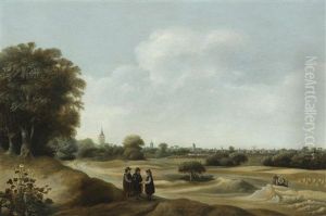 An Extensive Wooded Landscape With Figures On A Path In The Foreground by Anthonie Van Borssom