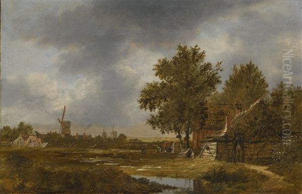A Haarlem Landscape With Figures Working In The Bleaching Fields, A Village And Windmills Beyond - view 1