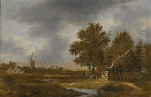 A Haarlem Landscape With Figures Working In The Bleaching Fields, A Village And Windmills Beyond
