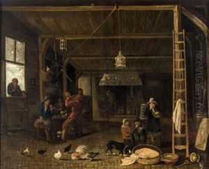 Interior De Taberna Con Chimenea, Gallinas Y Perro by Anthonie Van Borssom