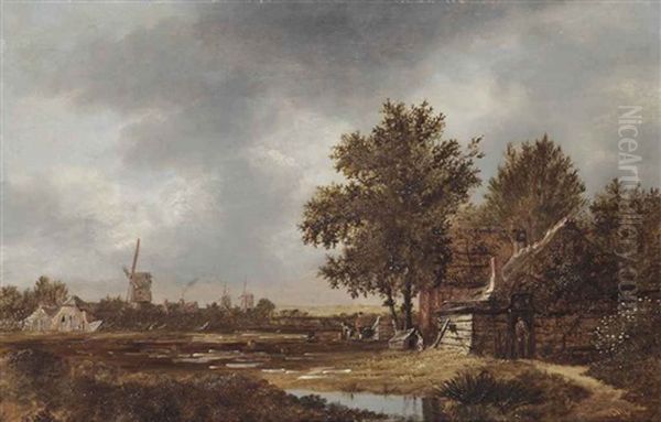 A Haarlem Landscape With Figures Working In The Bleeching Fields, A Village And Windmills Beyond - view 1