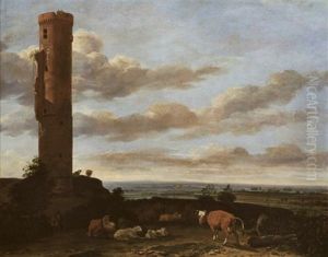 A Shepherd With Cattle And Sheep By A Tower In A Landscape by Anthonie Van Borssom