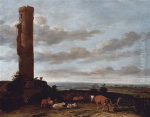 A Shepherd With Cattle And Sheep By A Tower, In A Panoramic Landscape