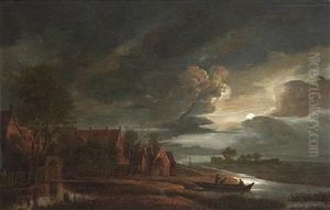 A Moonlit River Landscape With Figures In A Boat And Village Buildings Along The Bank