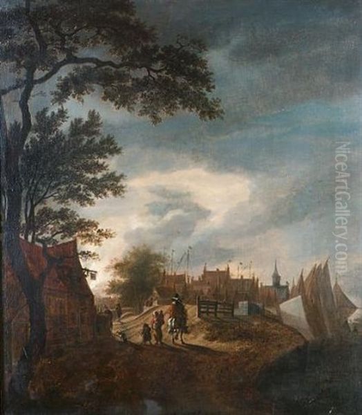 A Horseman Riding Through A Village At Dusk - view 1