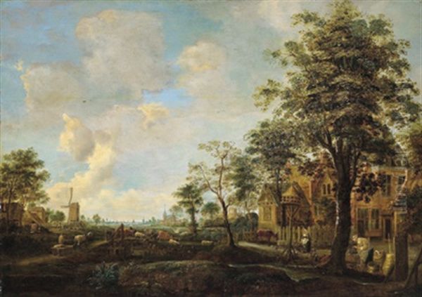 Weite Landschaft Mit Einem Gutshof, Bauern Und Einer Herde - view 1