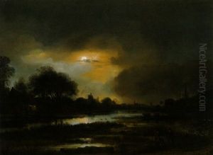 Weite Flusslandschaft Bei Mondschein by Anthonie Van Borssom