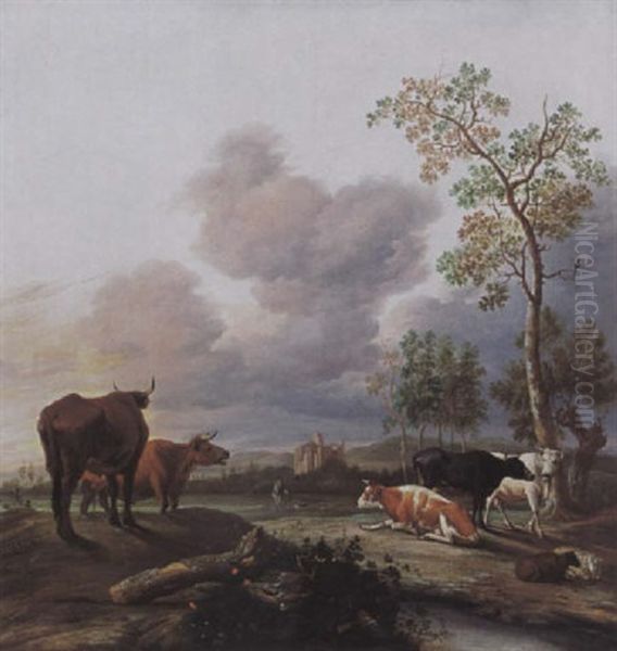 A Landscape With Cows And Sheep Resting Under A Tree, A Huntsmen And His Dogs Nearby, A Ruined Castle And Mountains Beyond - view 1