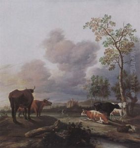 A Landscape With Cows And Sheep Resting Under A Tree, A Huntsmen And His Dogs Nearby, A Ruined Castle And Mountains Beyond by Anthonie Van Borssom