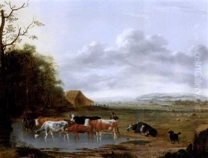 An Extensive Landscape With A Herdsman And Cattle Watering In The Foreground
