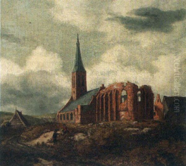 A Ruined Church With Two Travellers Resting By The Roadside - view 1