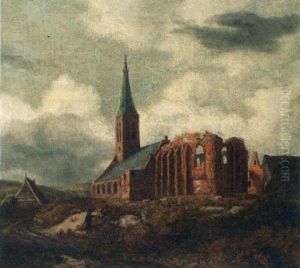 A Ruined Church With Two Travellers Resting By The Roadside by Anthonie Van Borssom