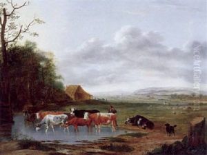 Weite Hollandische Landschaft Mit Hirt Und Herde An Einer Viehtranke by Anthonie Van Borssom