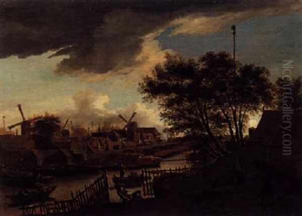 A View Of A Village With Rowing Boats On A River At Sunset - view 1