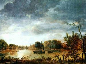 Fluslandschaft Mit Booten Im Mondschein