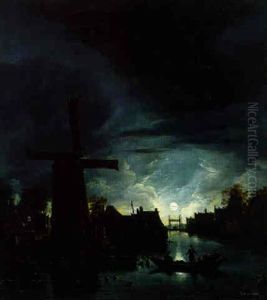 A Moonlit River Landscape With Fishermen By A Windmill