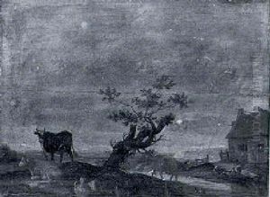 A Farmstead With Cows In A Landscape By A Blasted Tree