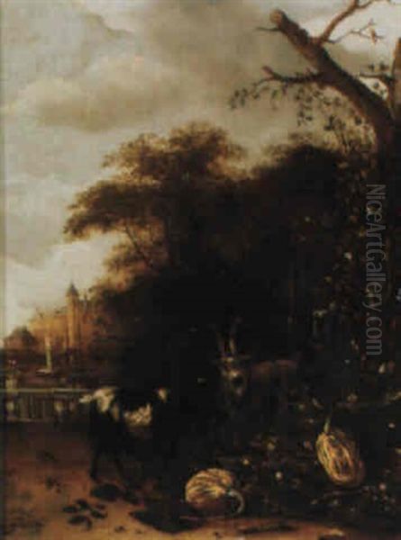 Goats In A Wooded Landscape With A Country House Beyond - view 1